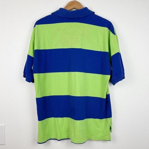 Vintage 90s Y2K Tommy Hilfiger Green and Blue Striped Polo‎ Shirt - Picture 4 of 5